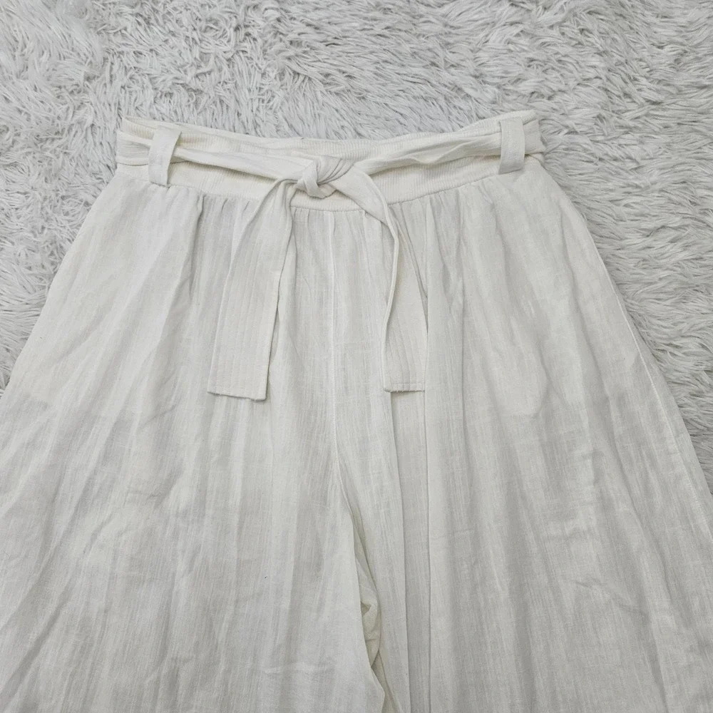 Free‎ People Movement Women's Sz L White 100% Cotton Belted Wide Leg Pants - Picture 2 of 15